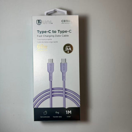 Uni USB-C naar USB-C Kabel 60W 1m – Snelladen 3A & Dataoverdracht – Type-C to Type-C