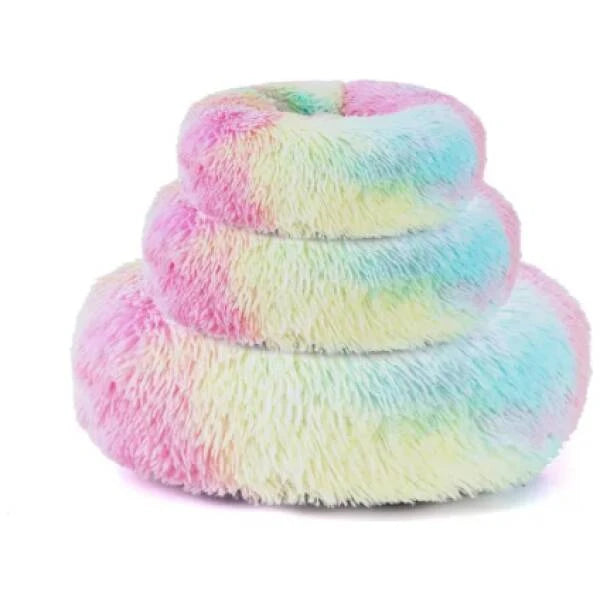 Regenboog Pluche Donut Hondenmand – Extra Zacht & Warm – Anti-Stress Hondenbed voor Kleine en Middelgrote Honden