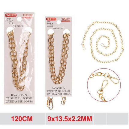 Goudkleurige tassenketting 120 cm met musketonhaken