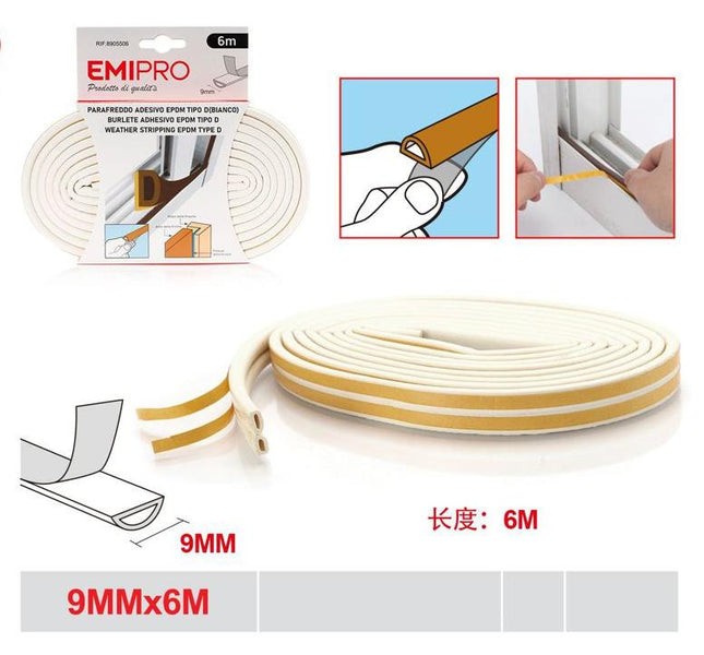 Zelfklevende tochtstrip D profiel 9 mm x 6 m wit