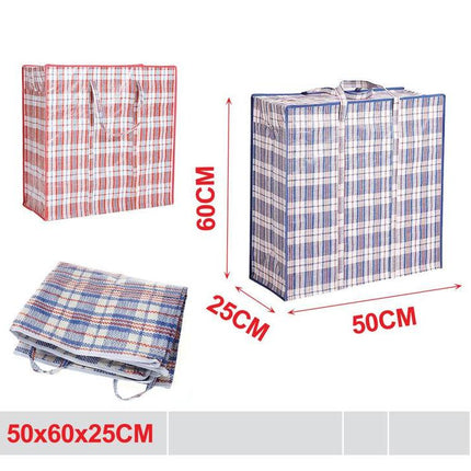 Geruite boodschappentas 50 x 60 x 25 cm geweven PP tas met rits en handvatten