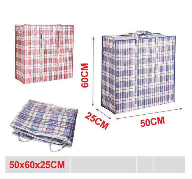 Geruite boodschappentas 50 x 60 x 25 cm geweven PP tas met rits en handvatten