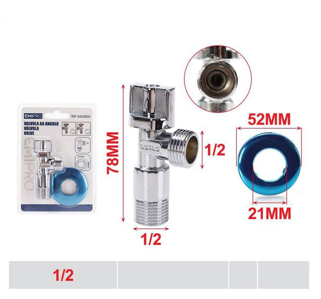 Hoekstopkraan 1/2 chroomkleurige kraanventiel met rozet voor wastafel en toilet