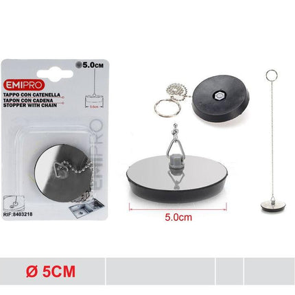 Afvoerstop met ketting 5 cm rubber en RVS chroomlook