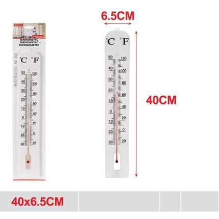 Kunststof wandthermometer 40 x 6.5 cm met Celsius en Fahrenheit schaal voor binnen en buiten