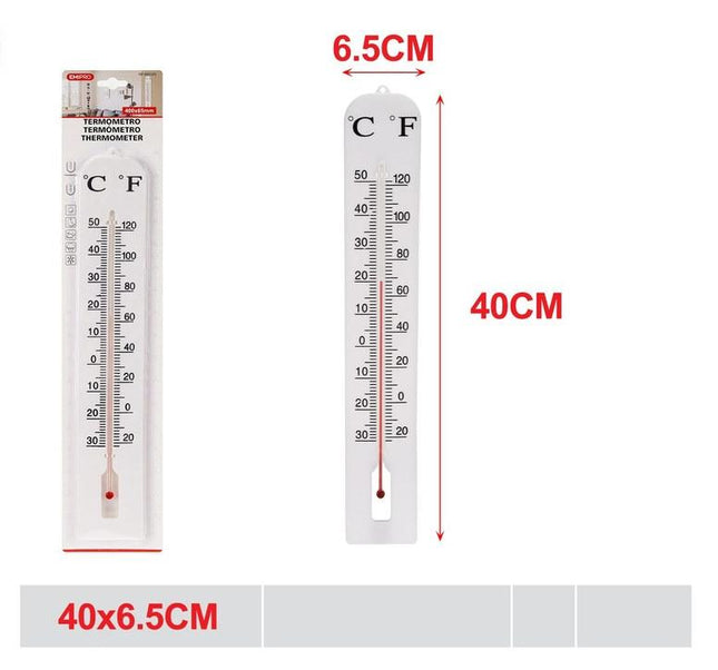 Kunststof wandthermometer 40 x 6.5 cm met Celsius en Fahrenheit schaal voor binnen en buiten