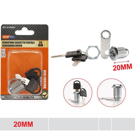Brievenbusslot 20 mm met cilinder sleutels en bevestigingsplaat voor mailbox kast en lade