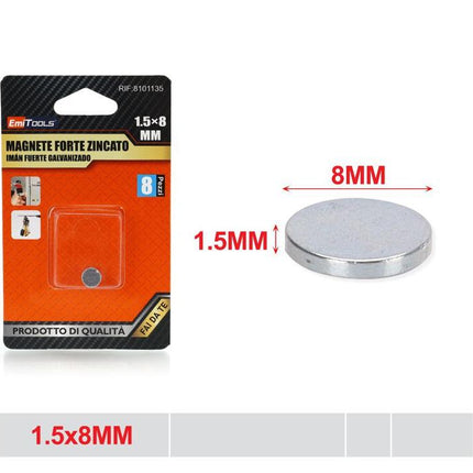 Sterke ronde magneten verzinkt 8 x 1.5 mm 8 stuks