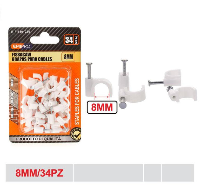Kabelclips 8 mm 34 stuks witte kabelklemmen met spijker voor kabels en draden