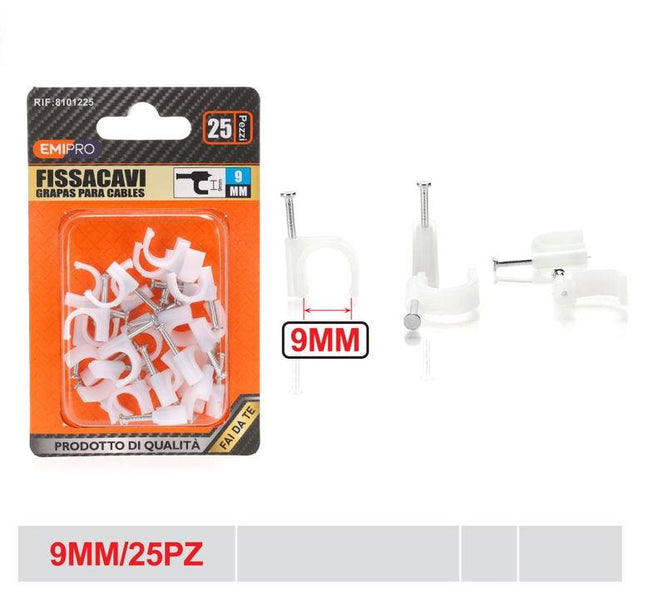 Kabelclips 9 mm 25 stuks witte kabelklemmen met spijker voor kabels en draden
