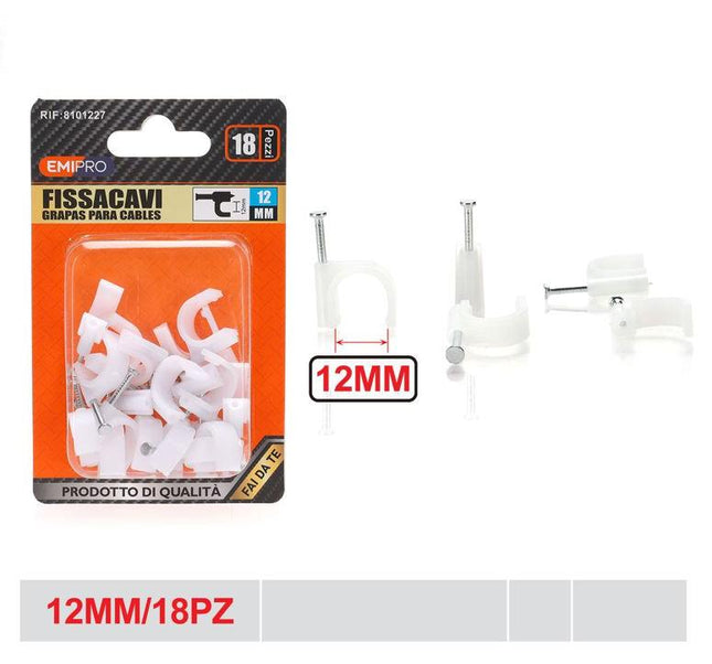 Kabelclips 12 mm 18 stuks wit met spijker voor kabels en leidingen