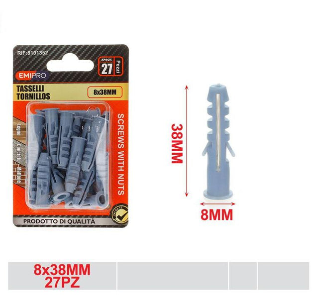 Pluggen 8 x 38 mm 27 stuks voor muur en schroeven