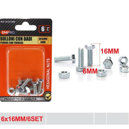 Bouten met moeren 6 x 16 mm 6 sets