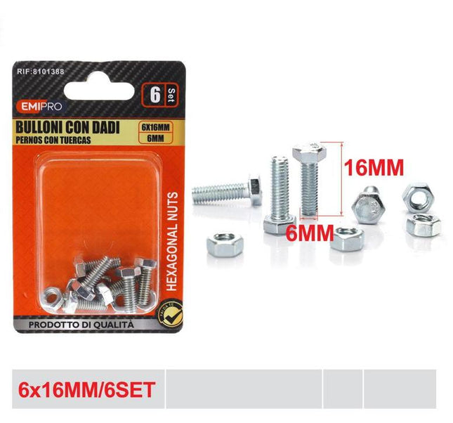 Bouten met moeren 6 x 16 mm 6 sets