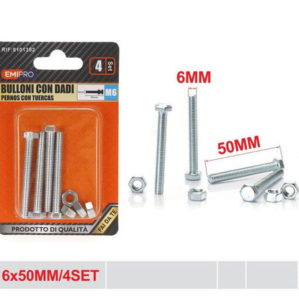 Bouten met moeren M6 x 50 mm 4 sets zeskantbouten voor montage en reparatie