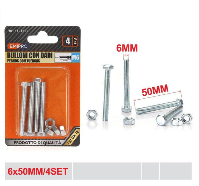 Bouten met moeren M6 x 50 mm 4 sets zeskantbouten voor montage en reparatie