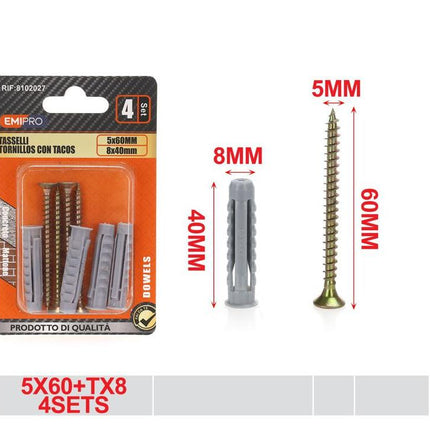 Schroeven met pluggen 5 x 60 mm en TX8 plug 4 sets