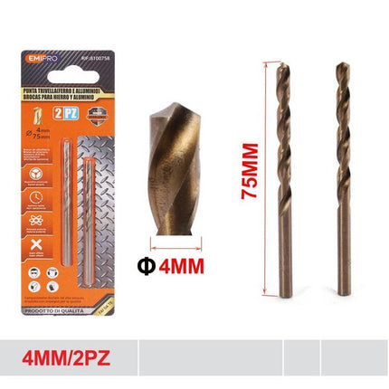 Metaalboren voor ijzer en aluminium 4 mm 2 stuks