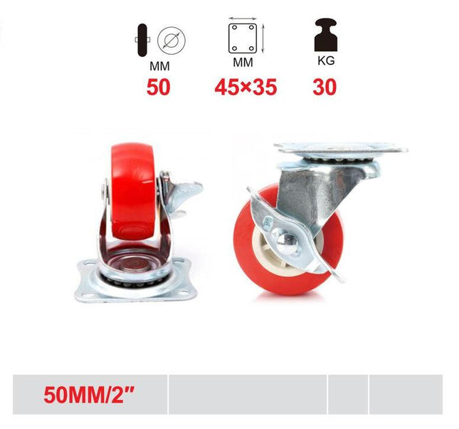 Zwenkwiel met rem 50 mm rood kunststof wiel draagvermogen 30 kg voor meubels en karren