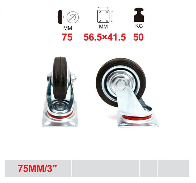 Zwenkwiel 75 mm rubber wiel draagvermogen 50 kg voor meubels karren en werkplaats