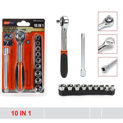Ratel dopsleutelset 10 in 1 met 1/4 inch aansluiting