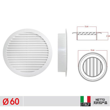 Rond ventilatierooster wit D 60 mm kunststof luchtrooster voor deur kast en wand