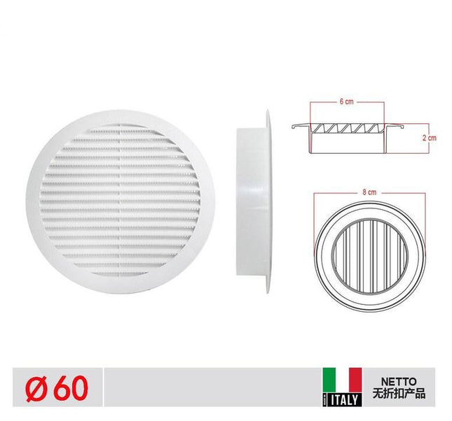 Rond ventilatierooster wit D 60 mm kunststof luchtrooster voor deur kast en wand