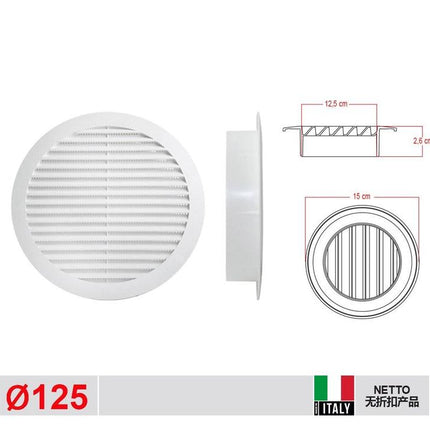 Rond ventilatierooster 125 mm wit kunststof luchtrooster voor muur kast en ventilatie