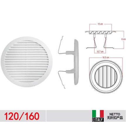 Rond kunststof ventilatierooster wit 120 160 mm