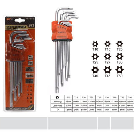 9 delige Torx sleutelset lang CR V staal T10 tot T50