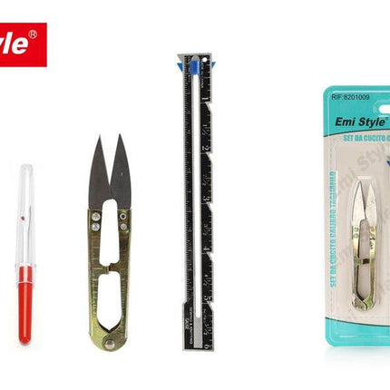 Naaiset met draadsnijder tornmesje en meetlat voor naaien kledingreparatie en handwerk