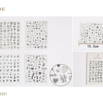 Nagelstickers zwart wit 10.3 x 8 cm nail art stickers met hartjes teksten en decoratie voor manicure