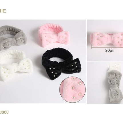 Zachte make-up haarband 20 x 5.5 cm met strik en parels voor gezichtsverzorging make-up en haar uit gezicht houden kleurvariant willekeurig