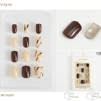 Bruine en beige kunstnagels met zelfklevende pads 12 stuks korte nageltips voor manicure en nail art
