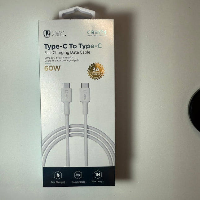 Uni USB-C naar USB-C Kabel 60W 1m – Snelladen 3A & Dataoverdracht – Type-C to Type-C